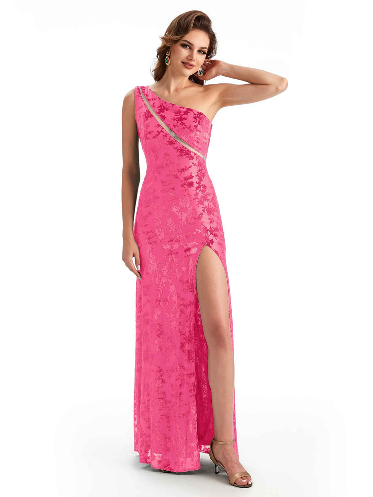 Sexy One Shoulder Side Slit Mermaid Lace Velvet Long Bridesmaid Dresses ...