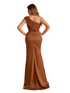 Elegant One Shoulder Mermaid Soft Satin Side Slit Long Bridesmaid Dresses