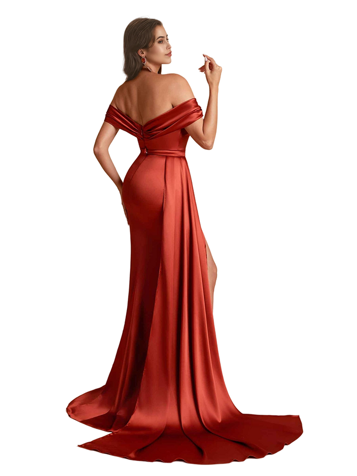 Sexy Off The Shoulder Unique Satin Mermaid Long Bridesmaid Dresses Side Split