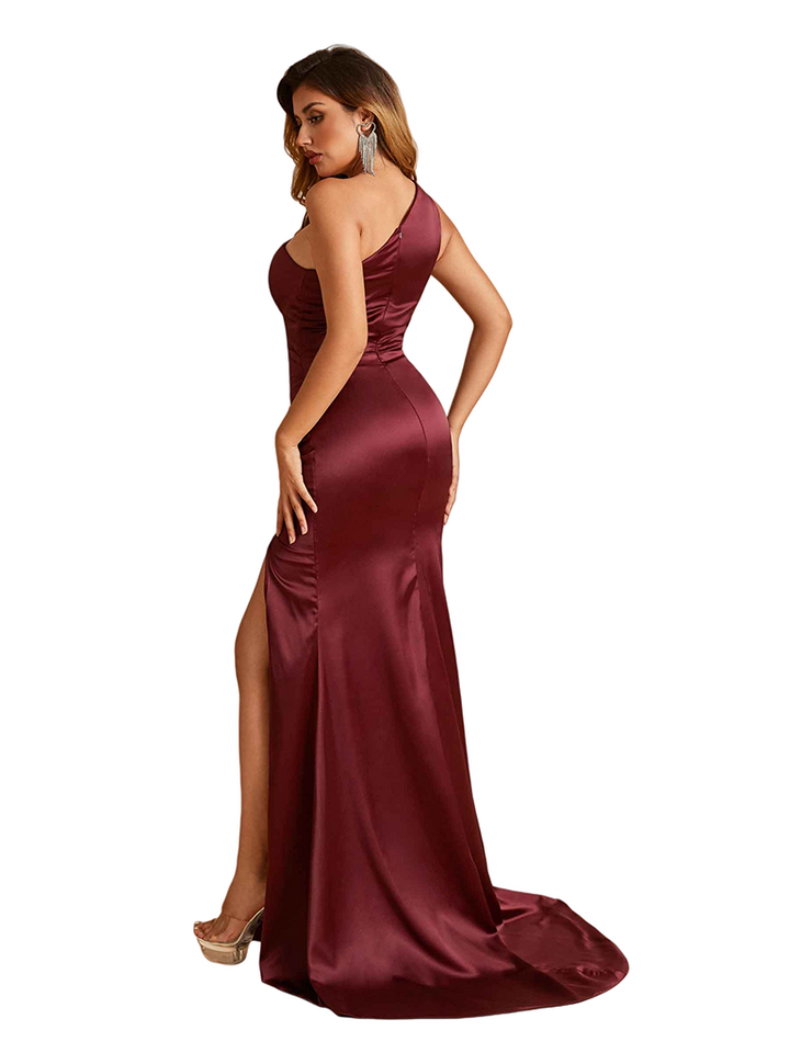Elegant One Shoulder Sleeveless Soft Satin Side Slit Mermaid Bridesmaid Dresses