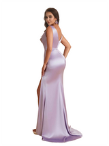 Elegant V-Neck Mermaid Silky Satin Unique Long Bridesmaid Dresses Side Slit
