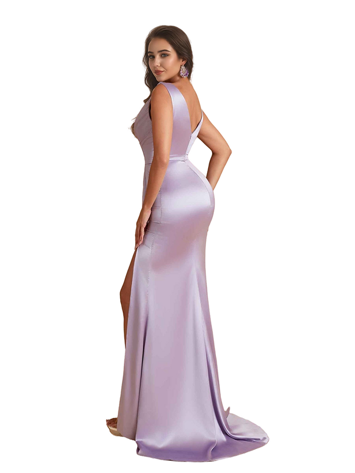 Elegant V-Neck Mermaid Silky Satin Unique Long Bridesmaid Dresses Side Slit