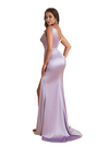 Elegant V-Neck Mermaid Silky Satin Unique Long Bridesmaid Dresses Side Slit
