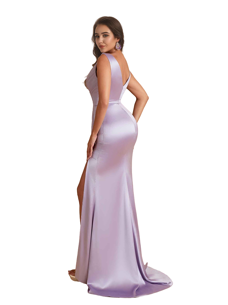 Elegant V-Neck Mermaid Silky Satin Unique Long Bridesmaid Dresses Side Slit