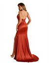 Sexy Spaghetti Straps Open Back Mermaid Side Slit Satin Long Bridesmaid Dresses
