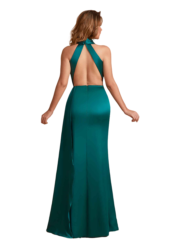 Sexy Silky Satin Halter Mermaid Side Slit Long Bridesmaid Dresse Online