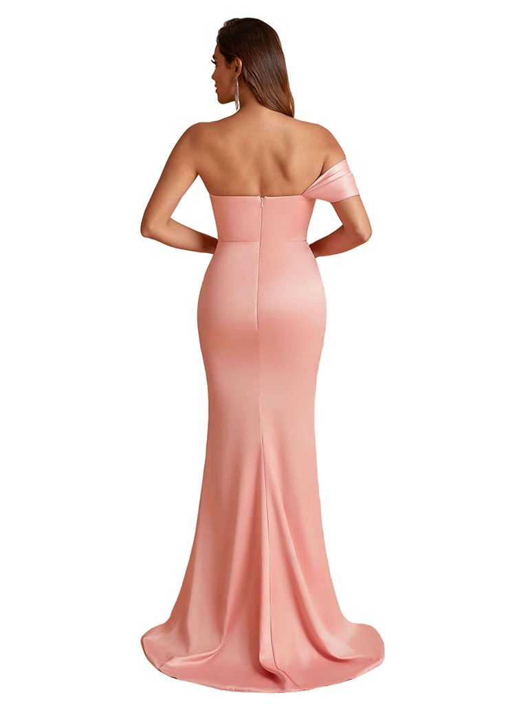 Sexy One Shoulder Side Split Mermaid Satin Chic Long Bridesmaid Dresses Online
