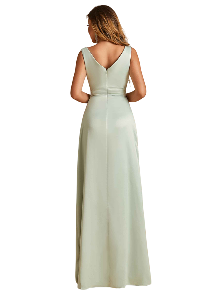 Sexy V-Neck Soft Satin Formal A-Line Long Bridesmaid Dresses Online