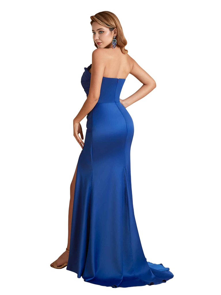 Sexy Strapless Silky Satin Side Split Mermaid Simple Long Bridesmaid Dresses Online