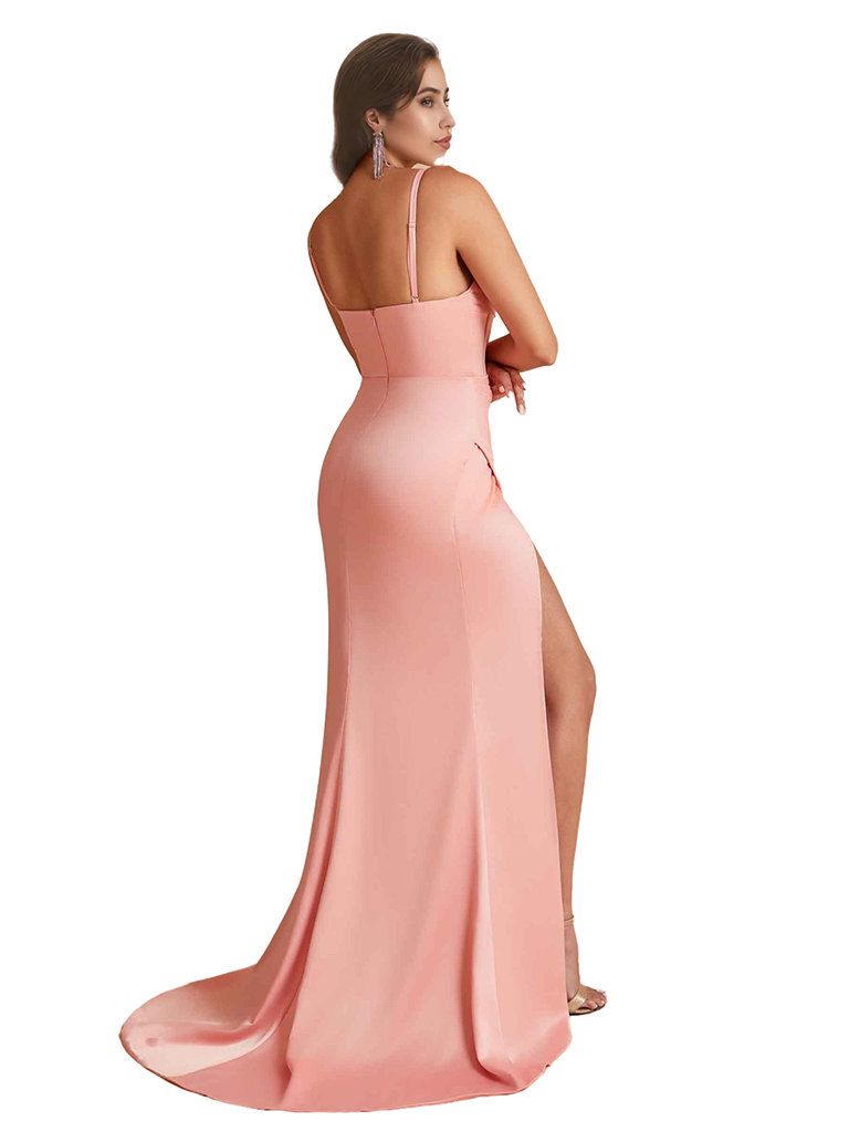 Sexy Spaghetti Straps Mermaid Silky Satin Unique Long Bridesmaid Dresses Side Slit