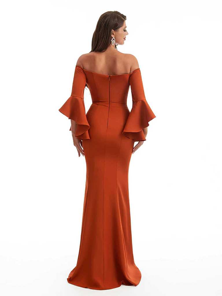 Elegant Bell Sleeves Off The Shoulder Mermaid Stretchy Crepe Long Evening Formal Dress