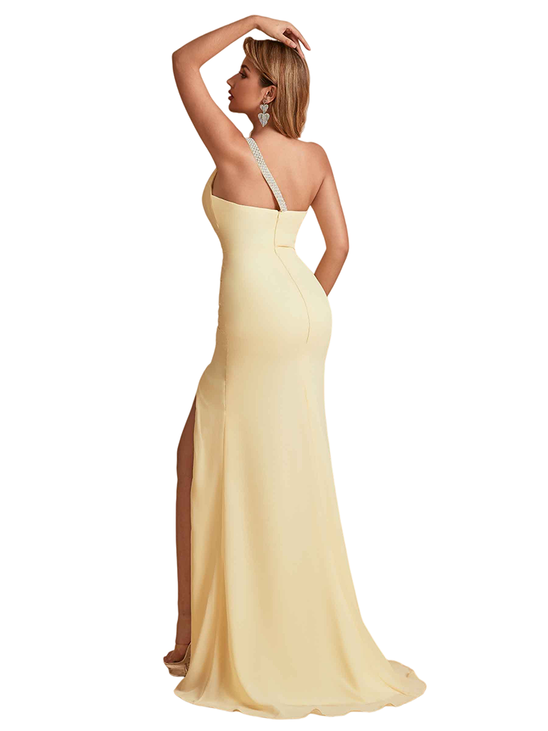 Sexy Silky Satin One Shoulder Mermaid Side Slit Ruched Long Bridesmaid Dresses Online