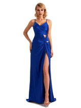 Sexy Spaghetti Straps Pleats Side Slit Stretchy Jersey Long Formal Bridesmaid Dresses
