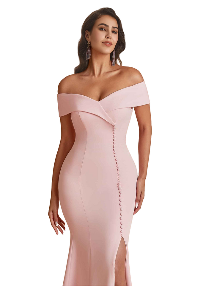 Elegant Off The Shoulder Side Split Mermaid Satin Unique Long Bridesmaid Dresses Online