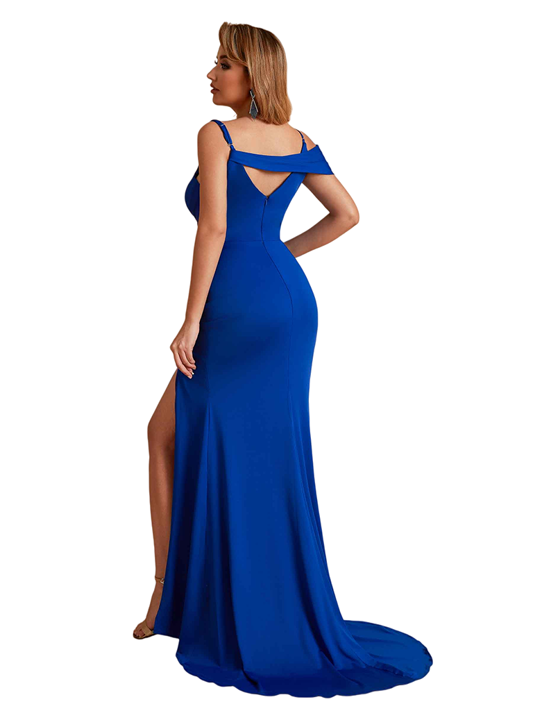 Unique Silky Satin Mermaid Asymmetic Straps Side Slit Long Bridesmaid Dresses Online