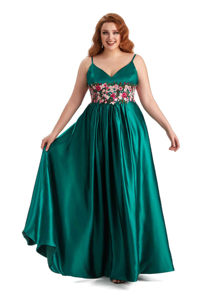 Unique Lace Spaghetti Straps Soft Satin Long Plus Size Bridesmaid Dress For Wedding