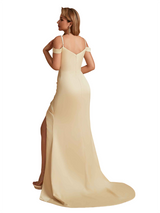 Sexy Soft Satin Cold Shoulder Mermaid Side Slit Unique Long Bridesmaid Dresses
