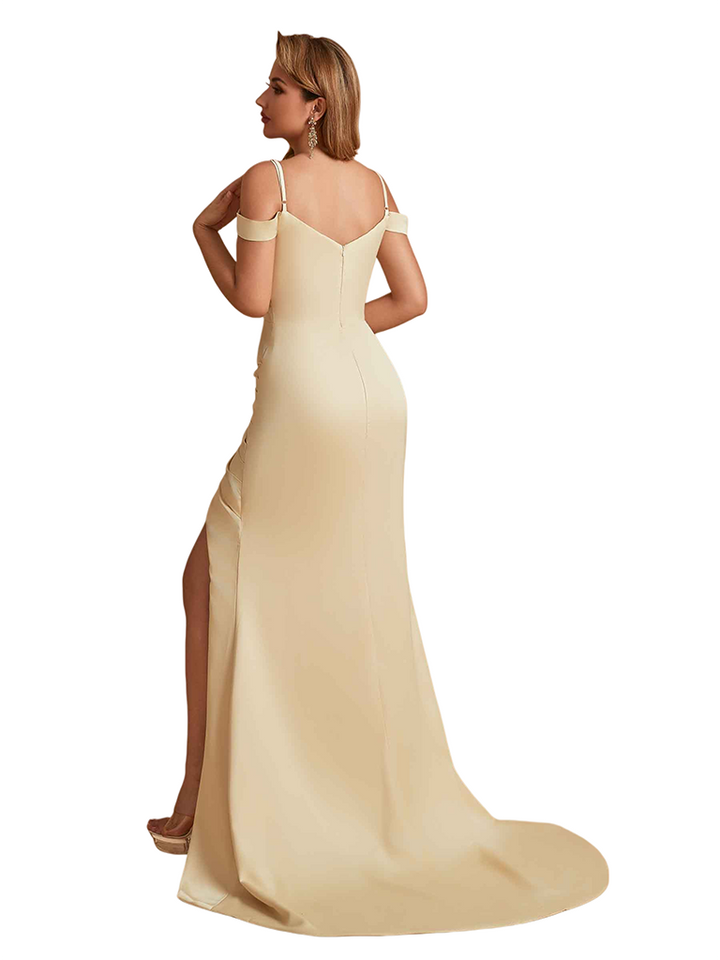Sexy Soft Satin Cold Shoulder Mermaid Side Slit Unique Long Bridesmaid Dresses