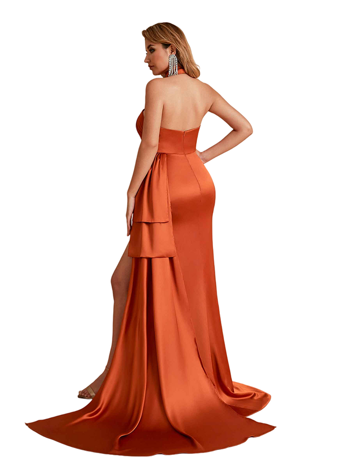 Sexy Halter Mermaid Side Slit Silky Satin Unique Long Bridesmaid Dresses
