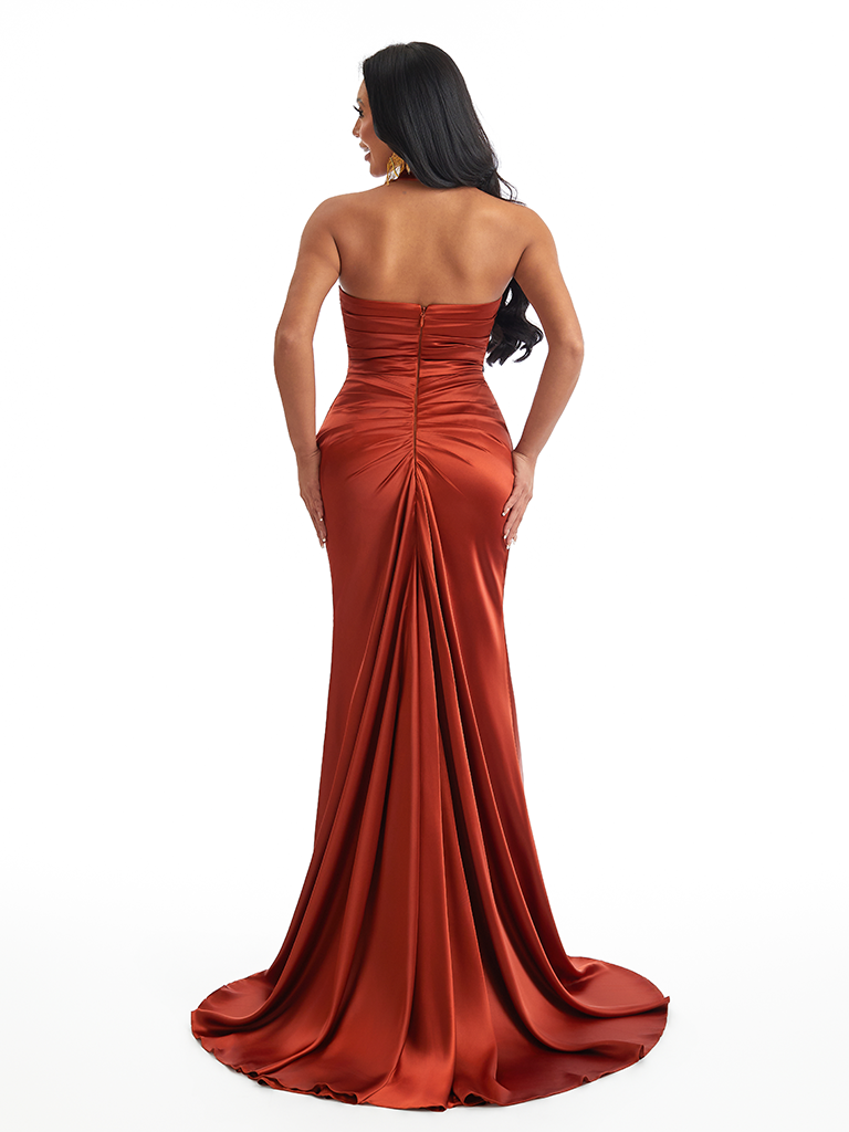 Sexy Halter Mermaid Soft Satin Side Slit Long Bridesmaid Dresses Online