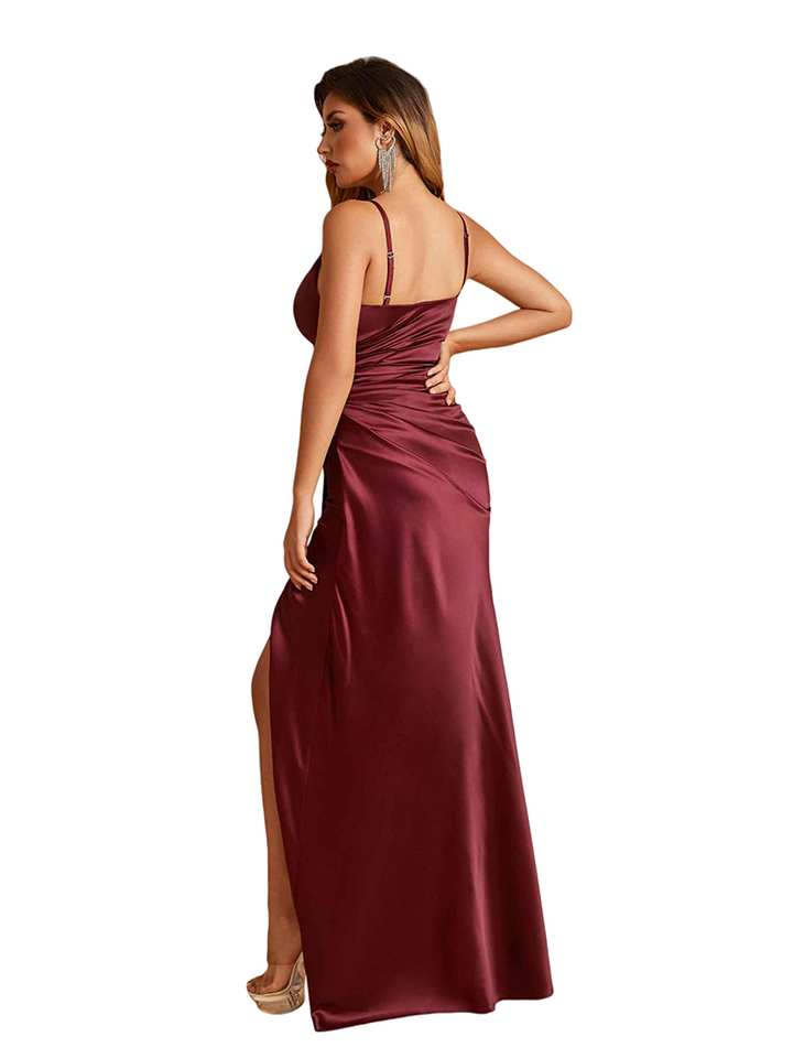 Sexy Spaghetti Straps Mermaid Side Slit Formal Soft Satin Long Bridesmaid Dresses