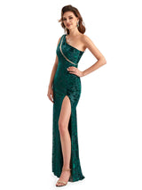 Sexy One Shoulder Side Slit Mermaid Floral Velvet See Through Long Bridesmaid Dresses