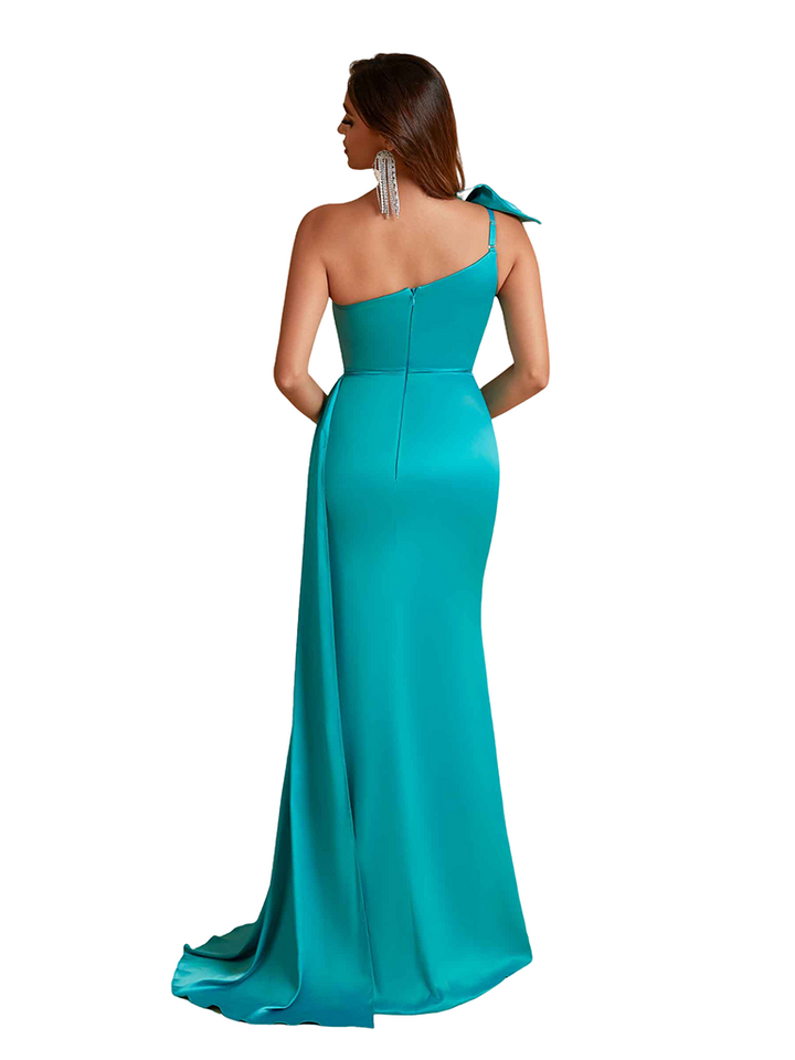 Sexy One Shoulder Bow Knot Side Split Mermaid Silky Satin Long Bridesmaid Dresses