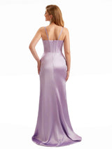 Champagne Satin Spaghetti Straps Side Split Bridesmaid Dresses