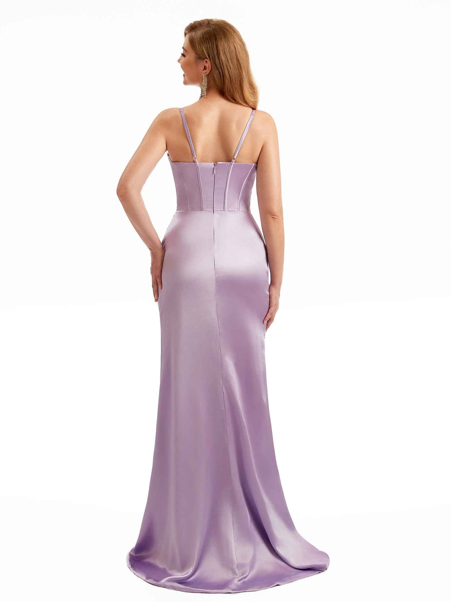 Champagne Satin Spaghetti Straps Side Split Bridesmaid Dresses