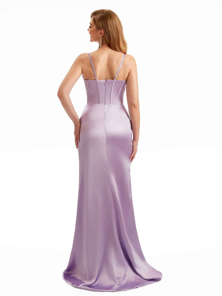 Draped Neckline Satin Spaghetti Straps Corset Boho Bridesmaid Dresses
