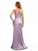 Spaghetti Straps Mermaid Silky Satin Side Split Long Ladies Wedding Guest Dresses
