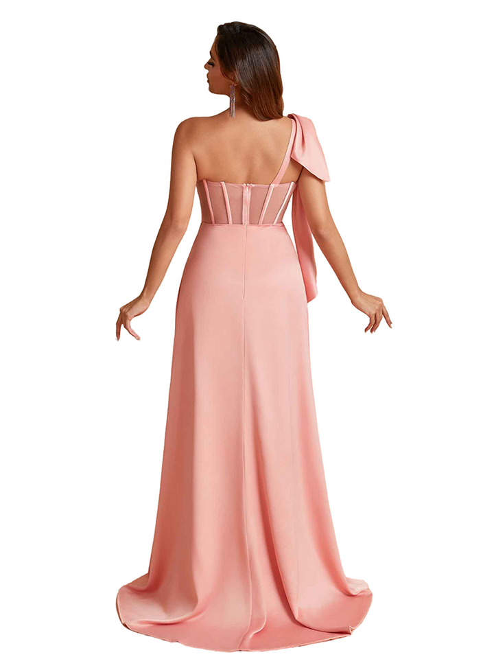 Sexy One Shoulder Boning Side Split Mermaid Ruched Satin Pretty Long Bridesmaid Dresses