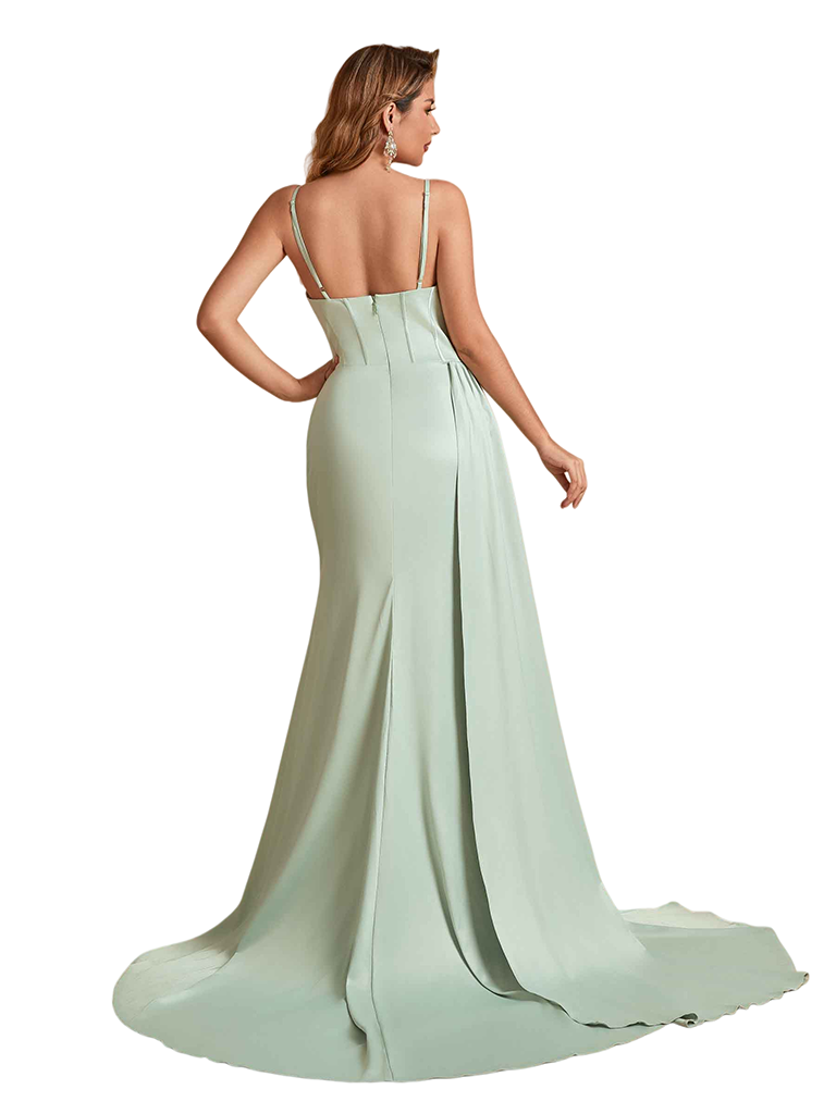Elegant Spaghetti Straps Boning Soft Satin Mermaid Side Slit Long Bridesmaid Dresses