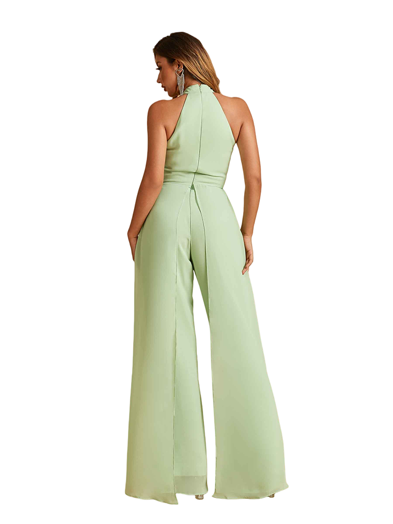 Elegant High Neck Chiffon Long Women's Pantsuit Jumpsuit For Bridesmaids