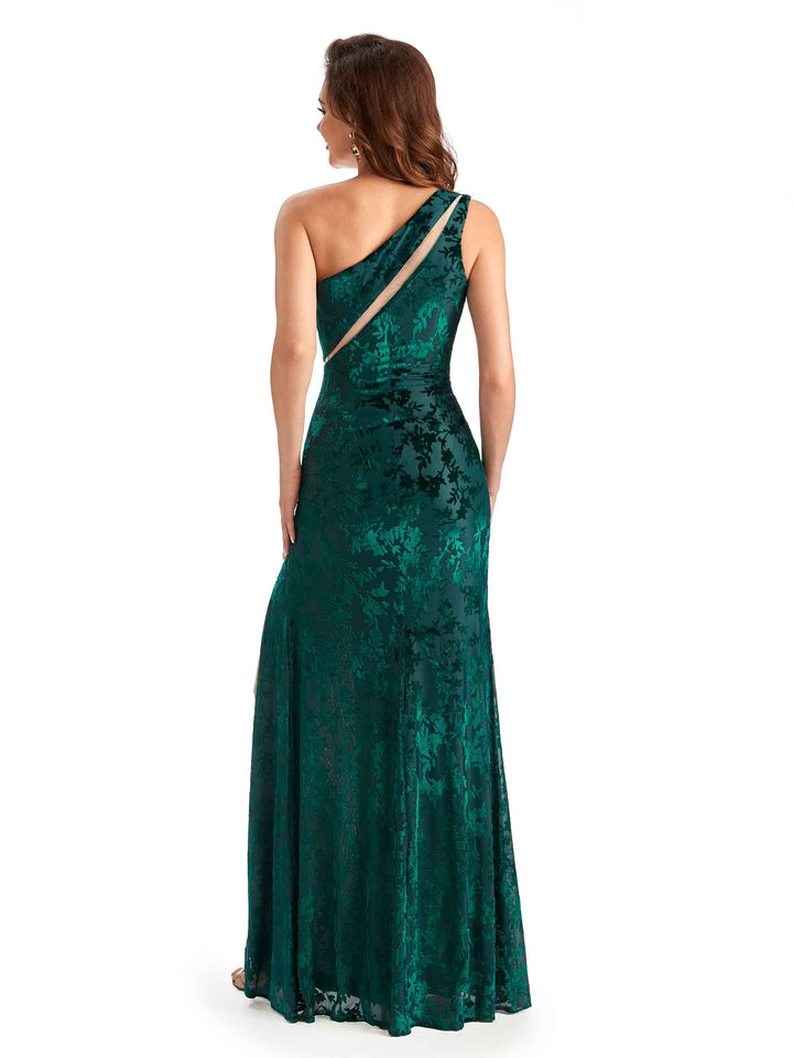 Sexy One Shoulder Side Slit Mermaid Floral Velvet See Through Long Bridesmaid Dresses