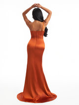 Sexy One Shoulder Boning Side Split Mermaid Soft Satin Long Bridesmaid Dresses