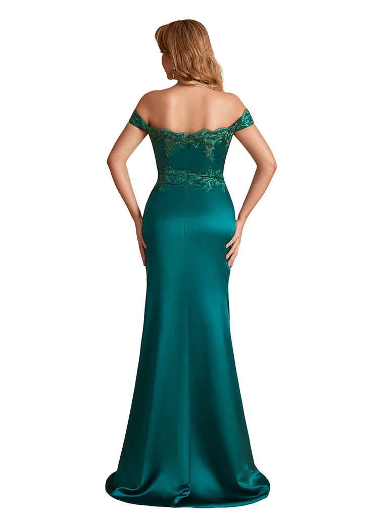 Sexy Silky Satin Lace Off The Shoulder Mermaid Side Slit Long Bridesmaid Dresses Online