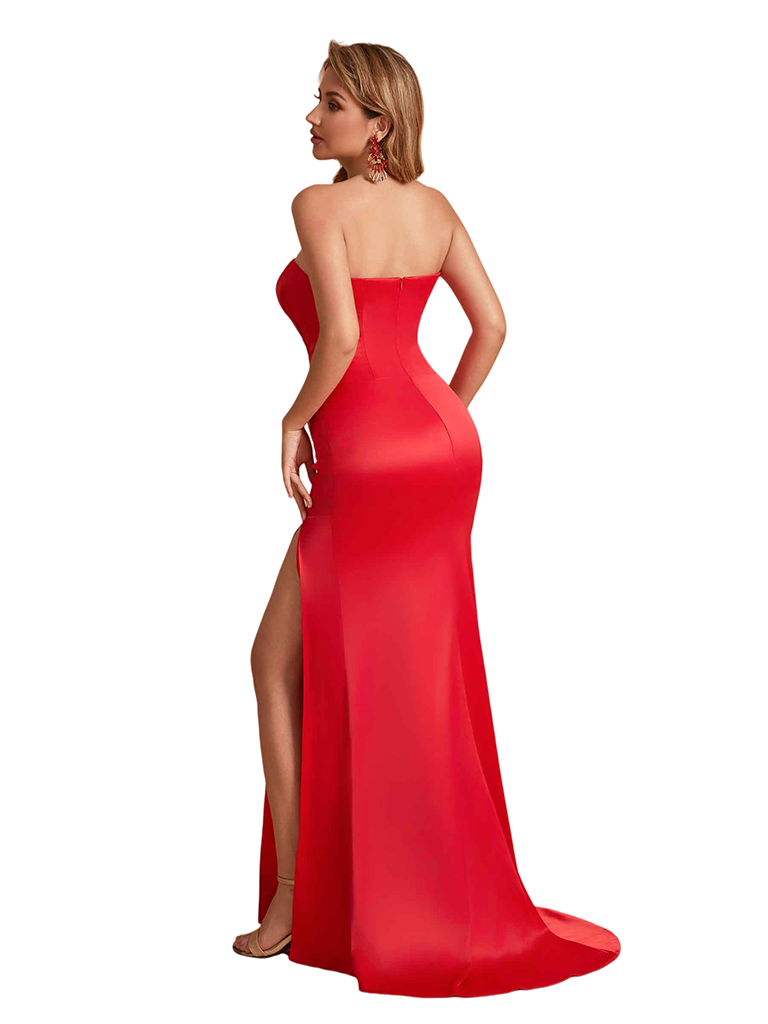 Elegant Silky Satin Sweetheart Mermaid Boning Side Slit Ruched Long Bridesmaid Dresses Online