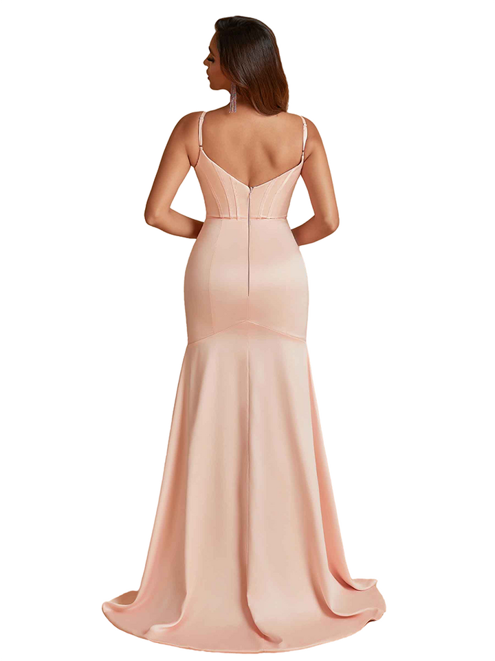 Elegant Spaghetti Straps Mermaid Pleated Silky Satin Unique Long Bridesmaid Dresses Slit