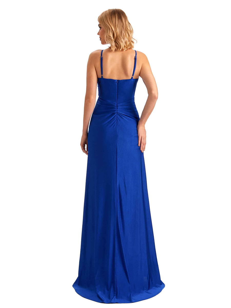 Sexy Spaghetti Straps Pleats Side Slit Stretchy Jersey Long Formal Bridesmaid Dresses