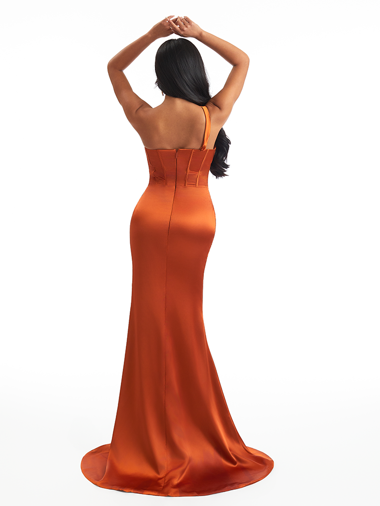 Sexy One Shoulder Boning Side Split Mermaid Soft Satin Long Bridesmaid Dresses