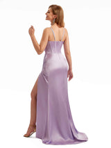 Champagne Satin Spaghetti Straps Side Split Bridesmaid Dresses