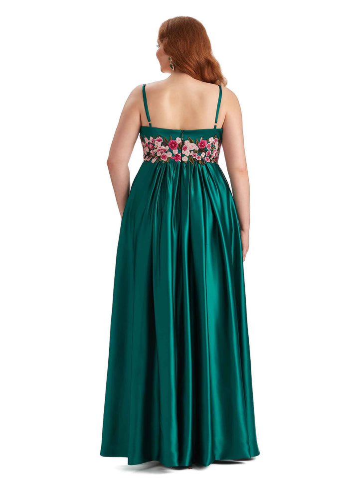 Unique Lace Spaghetti Straps Soft Satin Long Plus Size Bridesmaid Dress For Wedding