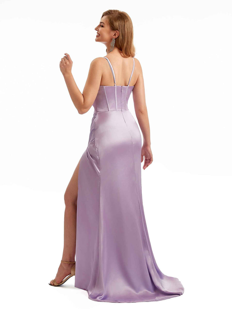 Fall Satin Spaghetti Straps Side Split Bridesmaid Dresses