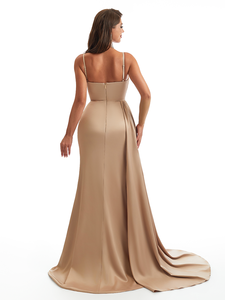 Mermaid Satin Maxi Formal Dresses For Women Online Sexy Spaghetti Straps Side Slit