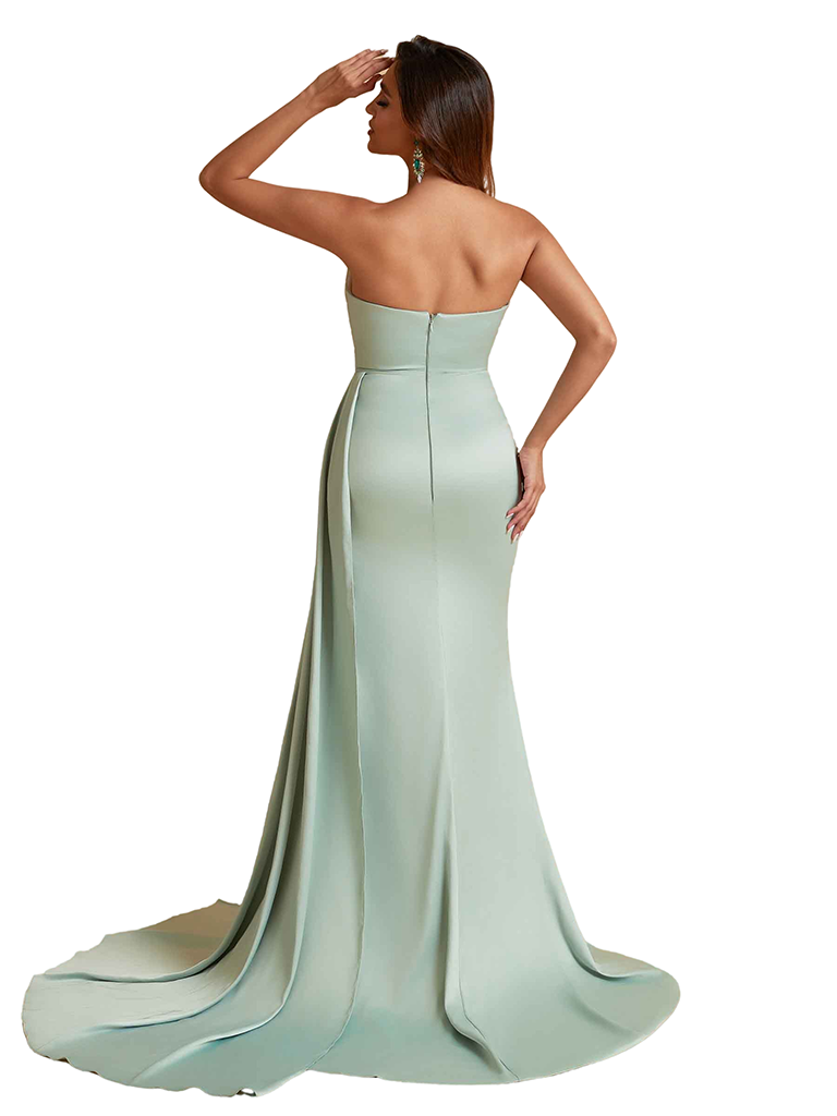 Sexy Mermaid Sweetheart Side Slit Ruched Silky Satin Unique Long Bridesmaid Dresses Online
