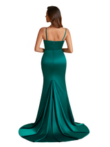Modern Mermaid Ruched Silky Satin Unique Long Bridesmaid Dresses Slit Spaghetti Straps