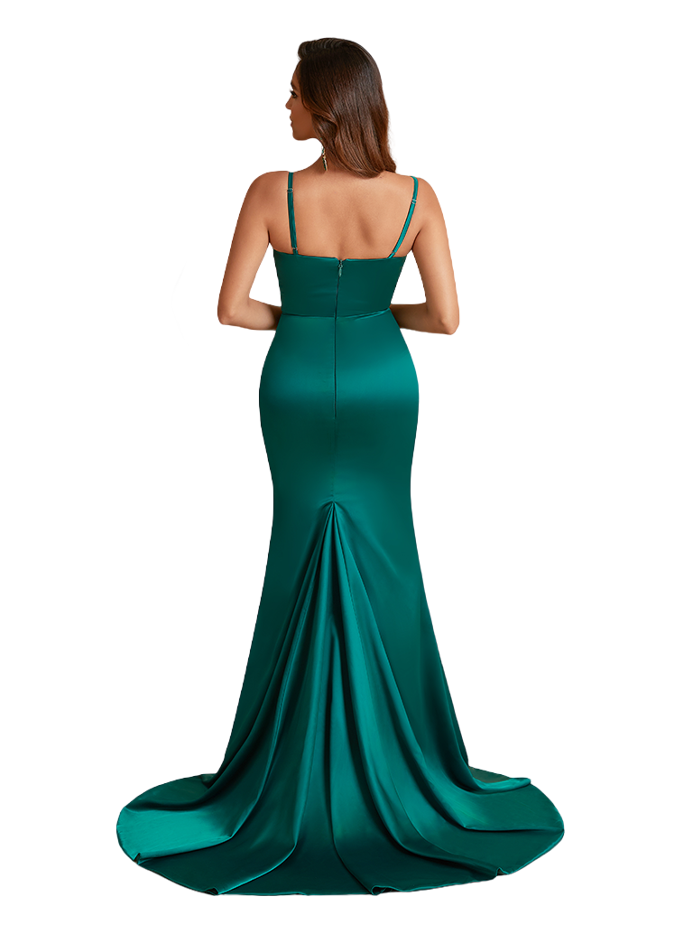Modern Mermaid Ruched Silky Satin Unique Long Bridesmaid Dresses Slit Spaghetti Straps