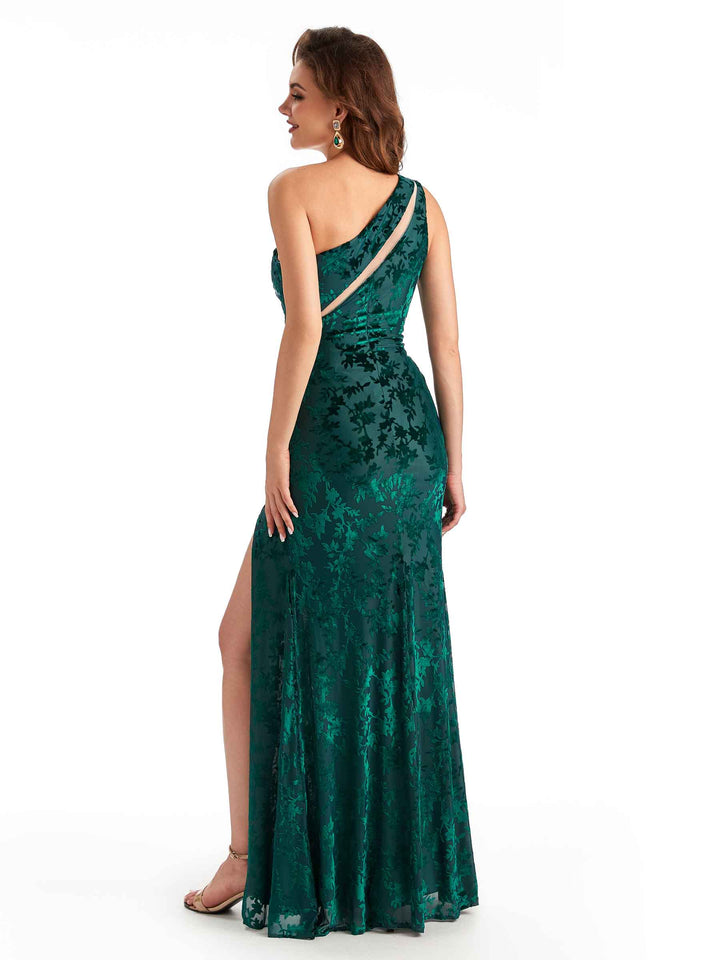 Sexy One Shoulder Side Slit Mermaid Floral Velvet See Through Long Bridesmaid Dresses