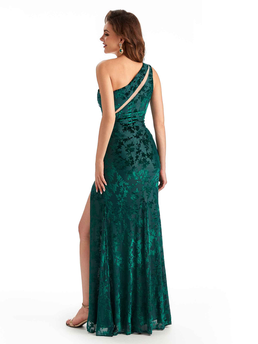 Sexy One Shoulder Side Slit Mermaid Floral Velvet See Through Long Bridesmaid Dresses